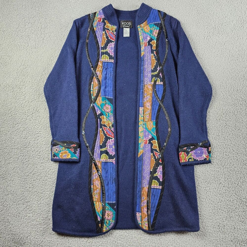 Vintage Koos of Course Cardigan Sweater Medium Blue Silk Wool Blend Art Abstract